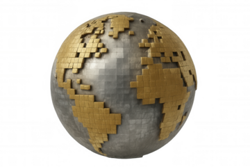 Digital world map on metallic globe with golden pixelated continents, representing global network and technology