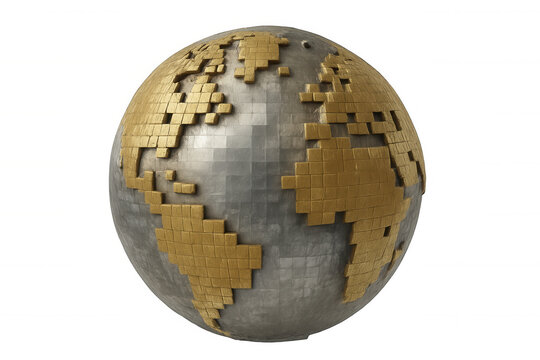 Digital world map on metallic globe with golden pixelated continents, representing global network and technology