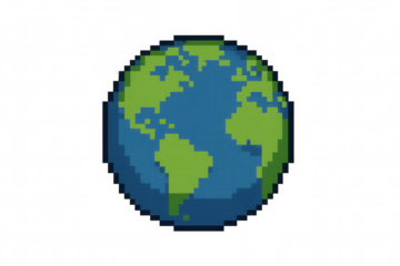 Pixel art earth showing green continents and blue oceans. Transparent background making it suitable for digital projects