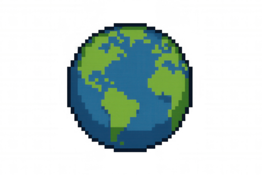 Pixel art earth showing green continents and blue oceans. Transparent background making it suitable for digital projects