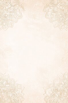 A light beige background with subtle mandala patterns in the corners