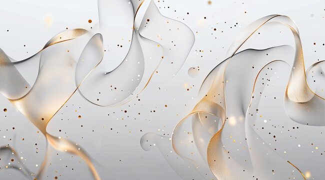 A light gray background with a few gold ribbons and metallic dots scattered across the surface