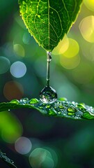 A single dewdrop hangs from a leaf