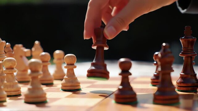 Close up of a hand making a decisive chess move with the queen on a wooden board outdoors