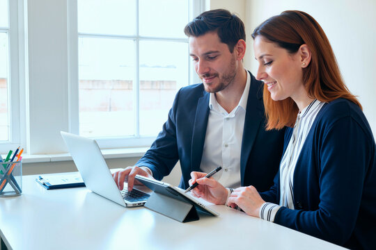 Caucasian young adult man and Caucasian young adult woman collaborating at desk using laptop and digital tablet, both focused on screen while woman writing with stylus