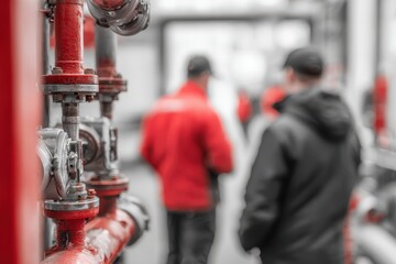 Industrial Safety Engineers Discussing Fire Suppression System – Workplace Protection and Engineering Concept