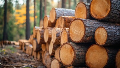 A large pile of logs is stacked in a forest, showing the cut ends of the wood and the surrounding trees.