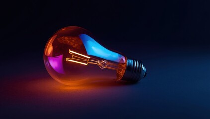 Illuminated light bulb with colorful reflections on a dark background
