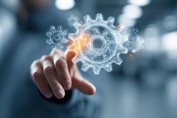 Futuristic Industrial Innovation Concept – Hand Interacting with Digital Gear Hologram, Smart Manufacturing Technology