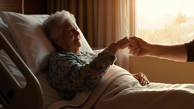Tender moment of a loved one holding an elderly woman's hand in a hospital bed at sunset