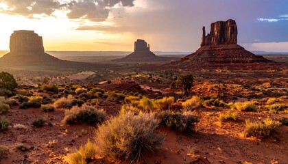 Monument Valley at sunrise, dramatic mesas