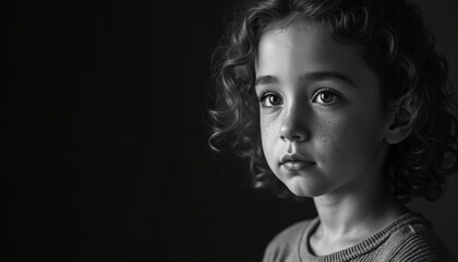 Close-up black, white portrait of small young girl with curly hair, freckles. Eyes look up, conveying thoughtful serious emotion. Childs face shows innocence, childhood vulnerability. Dark background