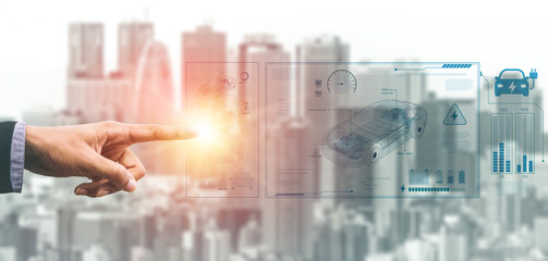 Technical layout of electric vehicle showing battery system, power control, traction motor, charging interface, and integration with renewable and smart energy sources Vouch