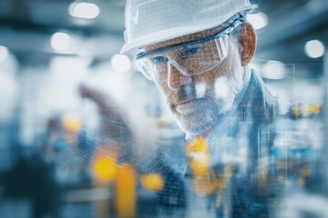 Futuristic Engineer with Smart Glasses and City Double Exposure