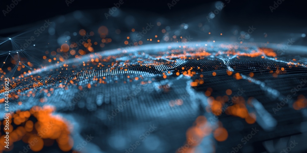 Wall mural futuristic digital interface with data visualization and global network connection in blue and orang