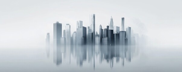 Fototapeta premium A modern city skyline with skyscrapers and reflections on water, rendered in a monochromatic white color scheme against a light grey background