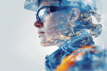 Futuristic Engineer with Smart Glasses and City Double Exposure