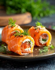 Smoked salmon and cream cheese rolls on a plate