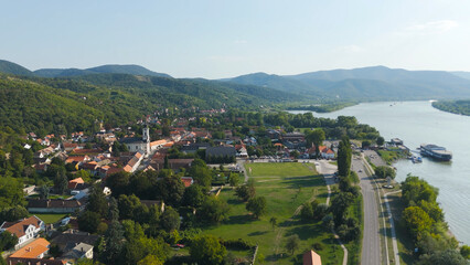 Drone View of Visegrad Hungary with Danube River and Hills