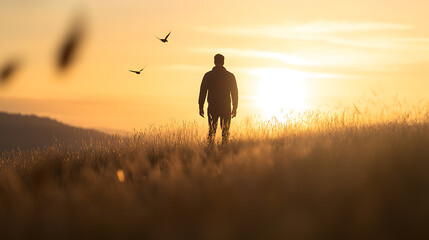 Silhouette of a person standing in a field of tall grass at sunset, with two birds flying overhead, embodying freedom and tranquility.
