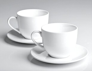 Two empty white ceramic teacups and saucers