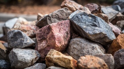 A variety of stones in different colors and sizes are stacked closely together displaying their unique textures and natural patterns under bright daylight in a landscape setting.