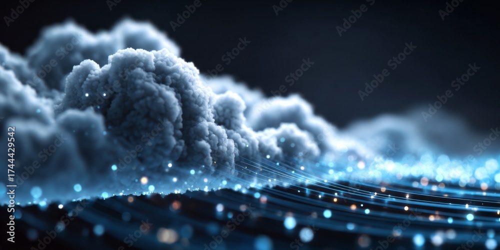Wall mural abstract digital cloud computing design with glowing data streams and blue cloud icons representing 