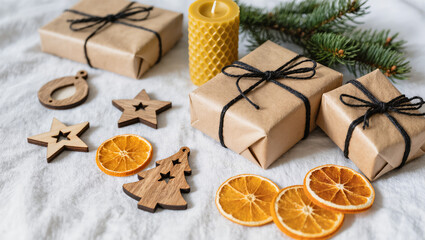 Christmas Flatlay Advertisement Wooden Ornaments Dried Orange Slices Kraft Gifts Fir Branch Beeswax Candle White Linen Background Minimalist Holiday Style