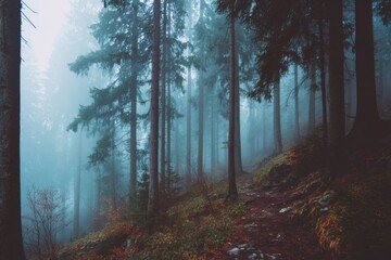 Obraz premium Misty pine forest in the mountains / Foggy morning over evergreen trees
