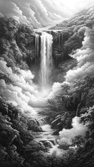 A mystical waterfall cascades down from the sky, surrounded by lush greenery and misty clouds