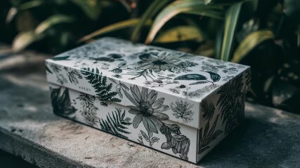Focused medium shot on minimalist sustainable shoe box featuring plantbased ink prints emphasizing ecodetails with a blurred backdrop.