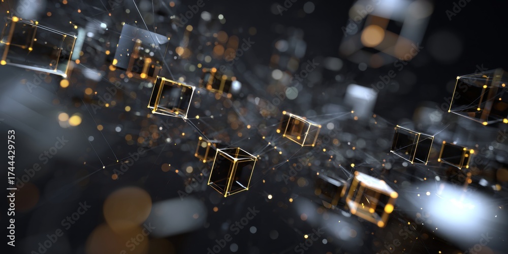 Wall mural abstract digital network with connected cubes representing data and technology concepts