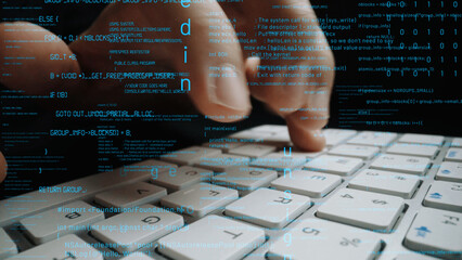 Close-up view of hands typing on a keyboard with a digital data overlay. The image illustrates technology and programming, capturing the essence of coding and data analysis. Xenic