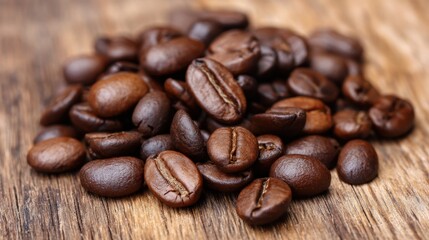 Fototapeta premium A pile of coffee beans on a wooden table. The beans are of different sizes and shapes, and they are spread out in a random pattern. Concept of abundance and variety