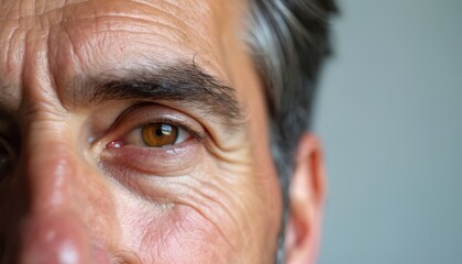 Close up photo of mature man face. Deep wrinkles around eye area highlight the aging process. Detail shot of skin texture. Person looks thoughtful.