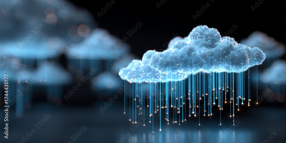Wall mural abstract digital cloud computing design with glowing data streams and blue cloud icons representing 