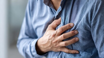 A man is wearing a blue shirt and has his hand on his chest. He is experiencing chest pain