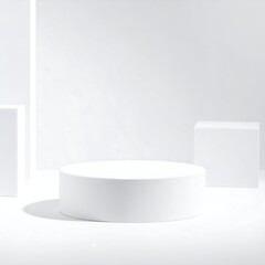 Minimalist white cylinder podium with geometric shapes