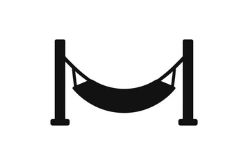 Black silhouette of hammock between two posts on white background