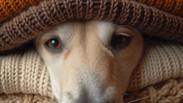 A cute dog's face peeking out from a stack of cozy sweaters. An adorable pet hiding and sleeping in warm knitted blankets. Autumn comfort and hibernation concept