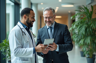 Doctor and businessman discuss medical results on tablet in modern building hallway. They smile, showing good partnership and positive communication in healthcare setting.