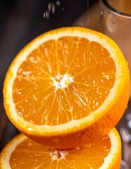 Close-up of two orange slices, vibrant and juicy