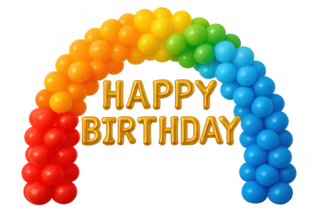 Rainbow balloon arch forming a happy birthday message