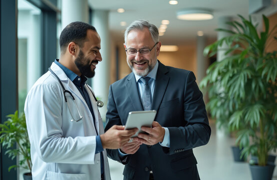 Doctor and businessman discuss medical results on tablet in modern building hallway. They smile, showing good partnership and positive communication in healthcare setting.