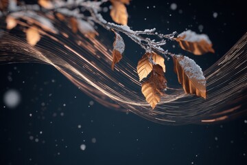 Nature's winter coat: branches draped in snow and leaves visualize tranquility. High-speed internet. Subtle artistic touch: branch with light snowfall and gentle leaf presence.