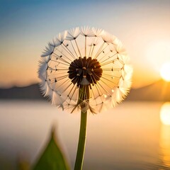 Close-up of a dandelion seed head at sunset over water