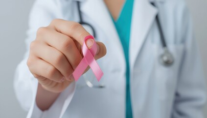 Doctor in white coat holding a pink ribbon for breast cancer awareness