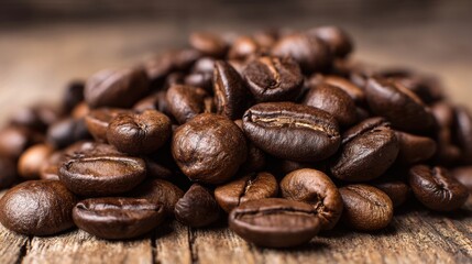 Fototapeta premium A pile of coffee beans on a wooden table. The beans are of different sizes and shapes, and they are spread out in a random pattern. Concept of abundance and variety