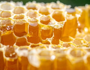 Close-up view of honeycomb cells filled with golden honey