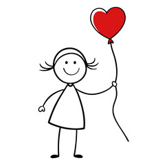 Childlike stick figure drawing of girl holding heart balloon vector on white background.